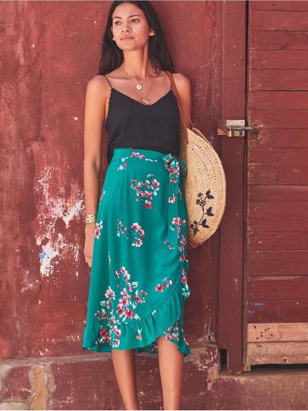 Sezane adriana silk green floral wrap skirt SZ SM